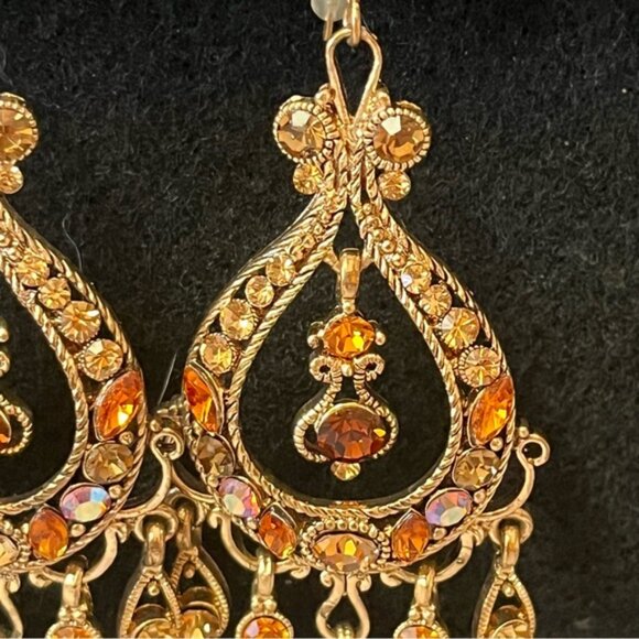 Gold Topaz Amber AB Crystal Chandelier Bridal Wedding Earrings - Picture 3 of 8